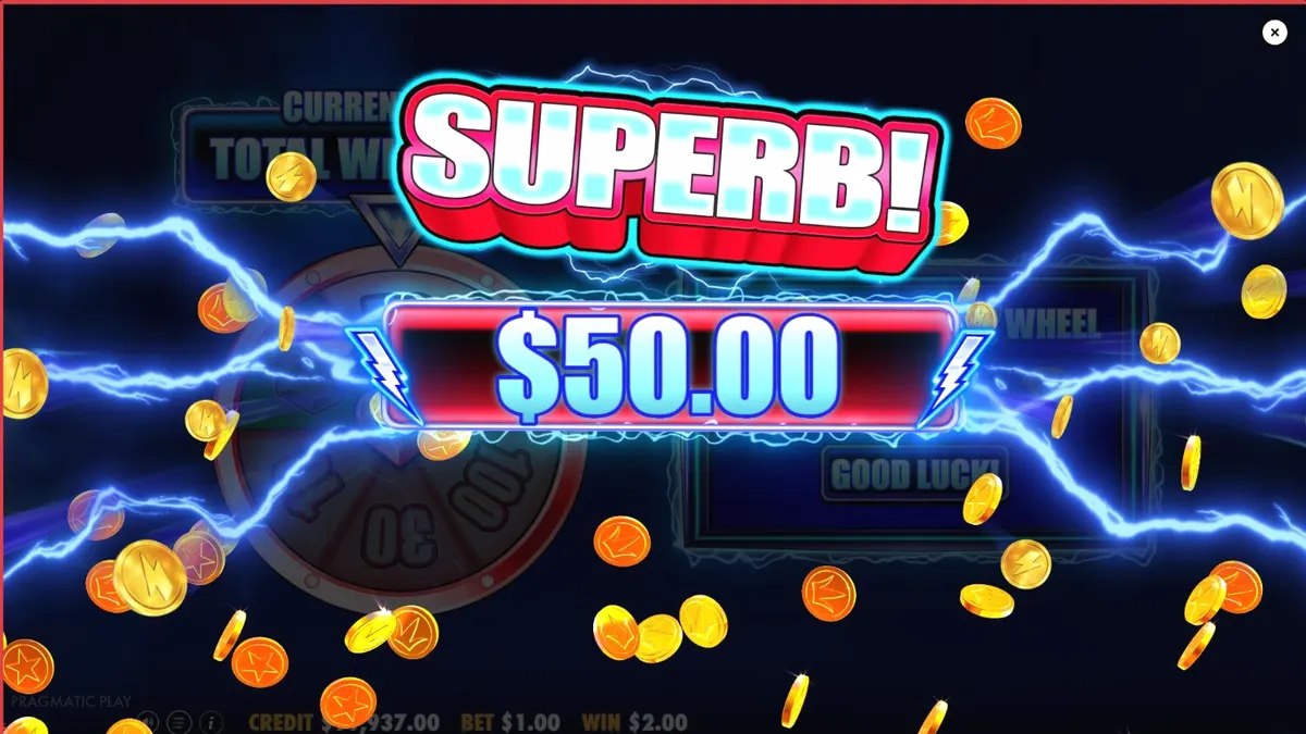 Tampilan visual mesin slot 777 Wheel Blitz dengan tema neon dan roda bonus