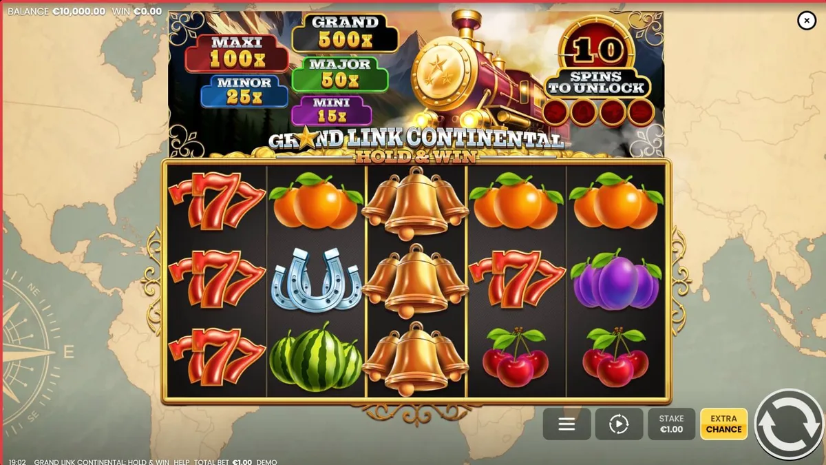 Kereta api uap mewah dalam latar belakang peta dunia vintage di slot Grand Link Continental: Hold & Win